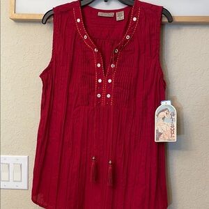 Chilli Pepper Red Sleeveless Blouse with Tassel Accents.